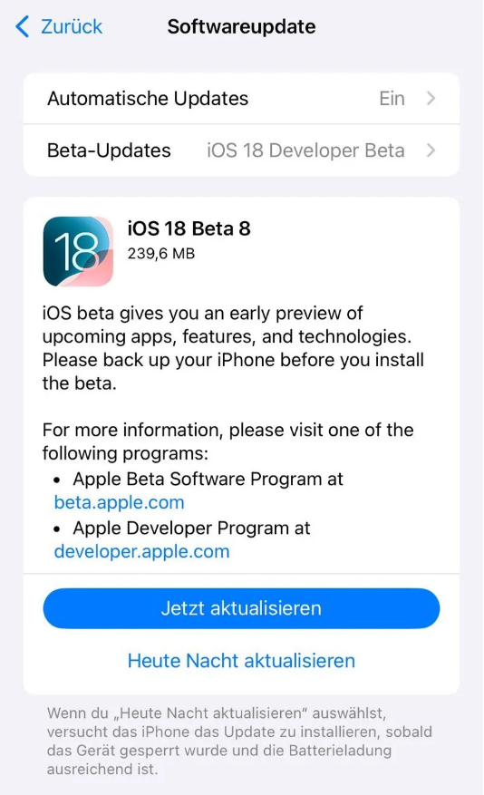 罗平苹果手机维修分享苹果 iOS / iPadOS 18 开发者预览版 Beta 8 发布 